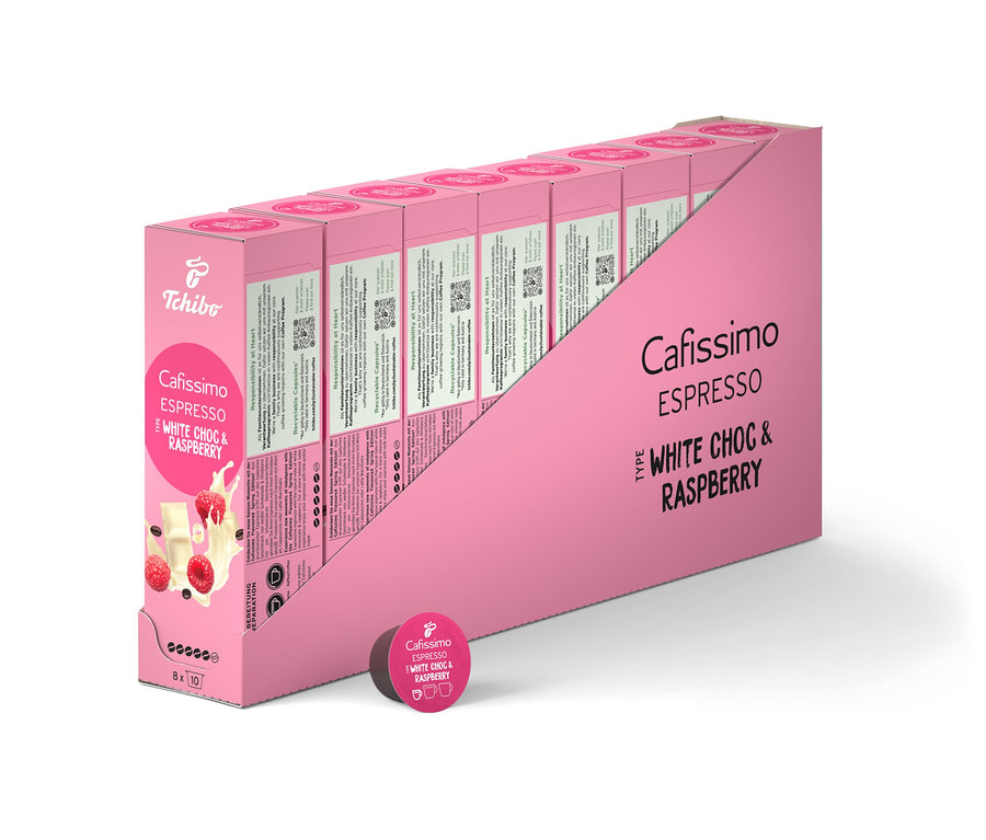 Balení Cafissimo Flavoured Espresso – White Choc & Raspberry – 80 kapslí.