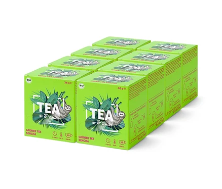 Devět zelených balení čaje Green Tea Sencha od společnosti Tchibo s obrázkem lenochoda je uspořádáno do mřížky 3x3.