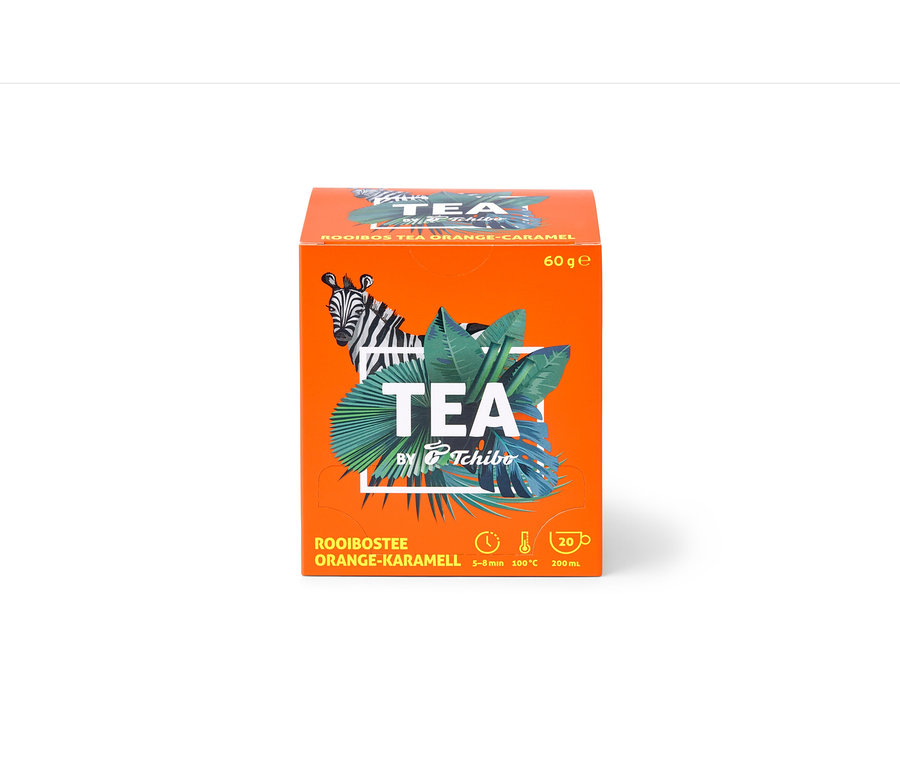 Oranžovo-karamelový čaj Rooibos TEA by Tchibo, balení 8 × 20 sáčků.
