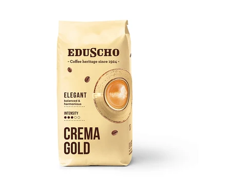 Béžové balení zrnkové kávy Eduscho Crema Gold s obrázkem šálku kávy a zrn.