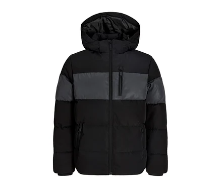 Reflexní prošívaná bunda Jack & Jones: Černá prošívaná bunda s šedým vodorovným pruhem na hrudi, šedými panely na ramenou, kapucí a kapsami na zip.