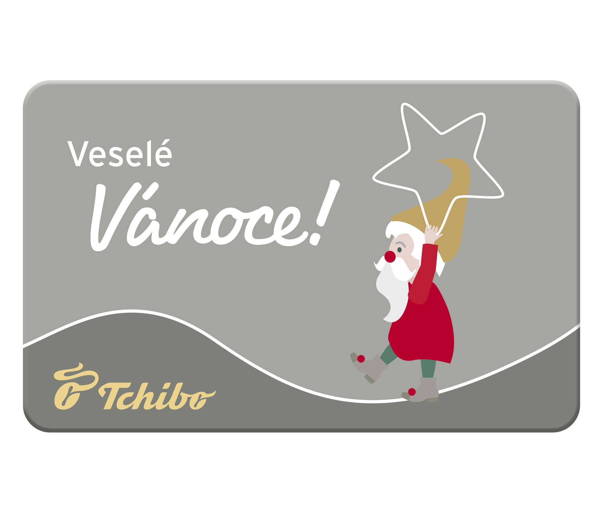 Šedá elektronická dárková karta »Veselé Vánoce« s ilustrací Santa Clause nesoucího hvězdu.