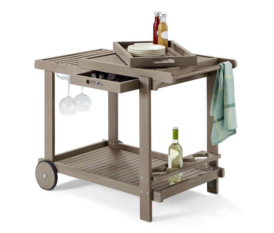 Šedý grilovací vozík Leira se 2 vyjímatelnými podnosy, sklenicemi, talíři, nápoji a utěrkou.