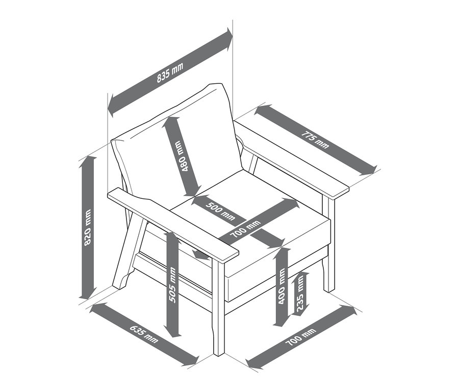 Rozměry křesla z masivního jasanového dřeva s certifikací FSC®.