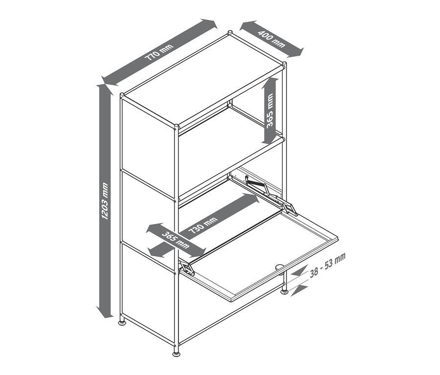 Nákres kovového regálu se 2 výklopnými dvířky a rozměry.