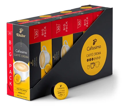 Balení 120 kapslí Caffè Crema jemná v černo-červeno-žlutém obalu. Jedna kapsle leží před obalem.