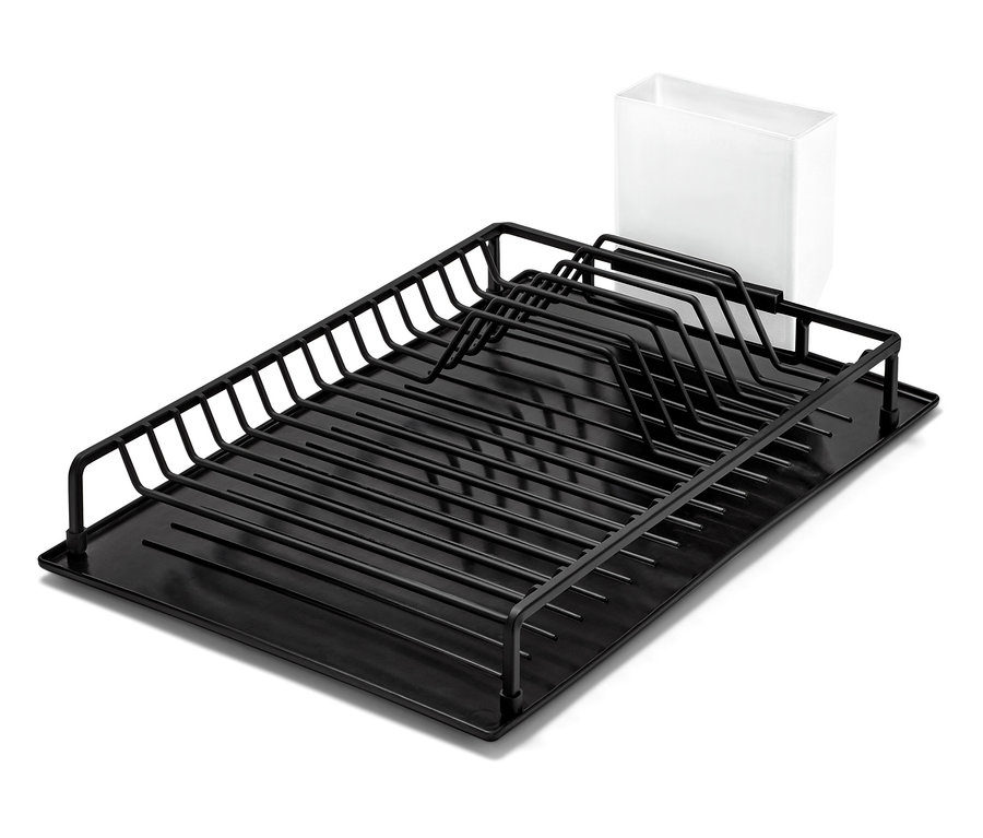 Černý odkapávač na nádobí s odkapávací podložkou.