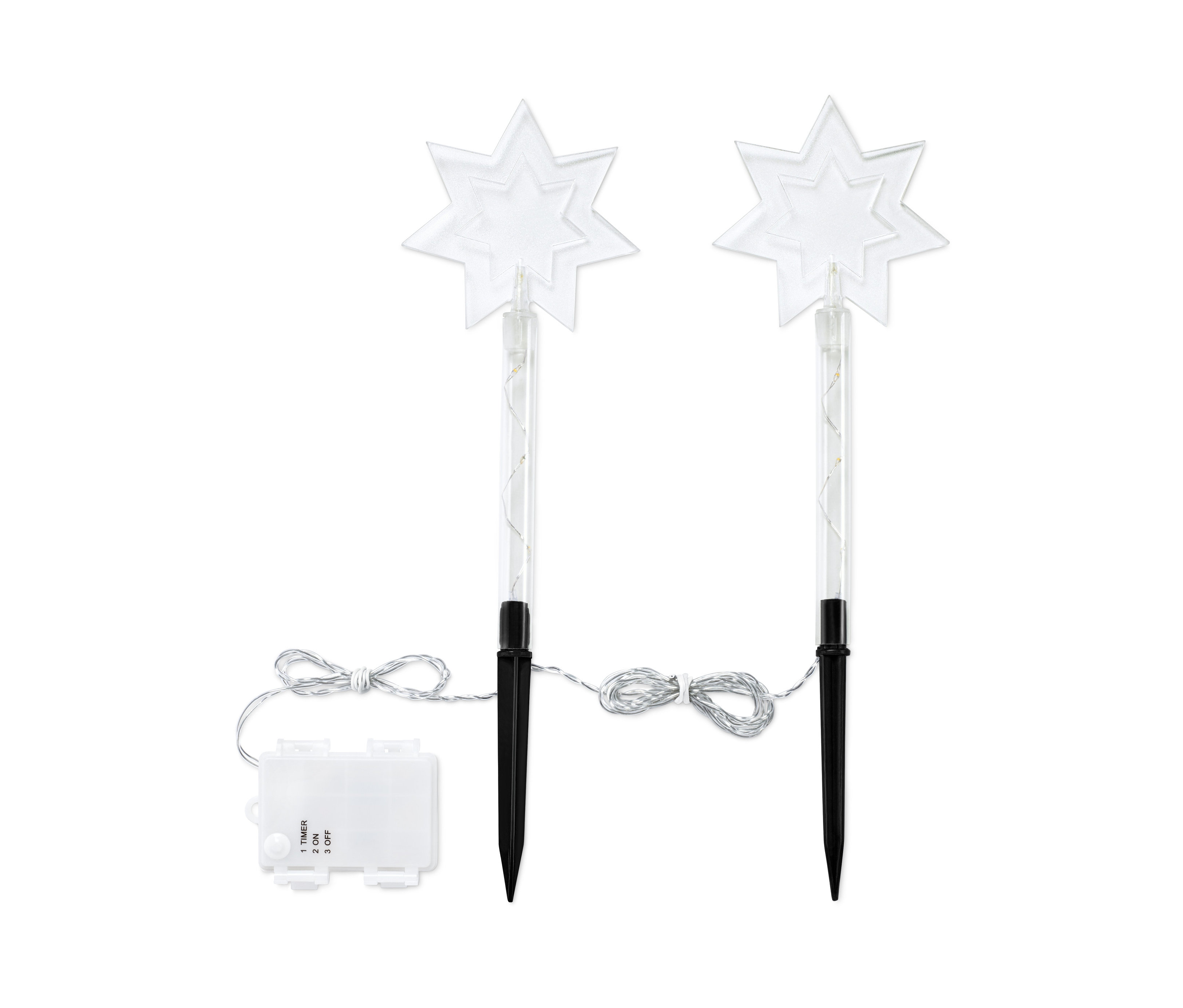 Dva zahradní zápichy s LED ve tvaru hvězdy.