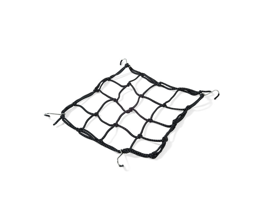 Černá síťka na zavazadla na jízdní kolo s háčky v rozích.