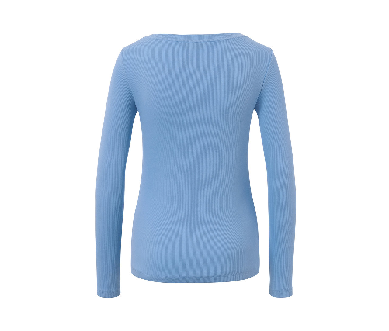 Modré triko s dlouhým rukávem na bílém pozadí.