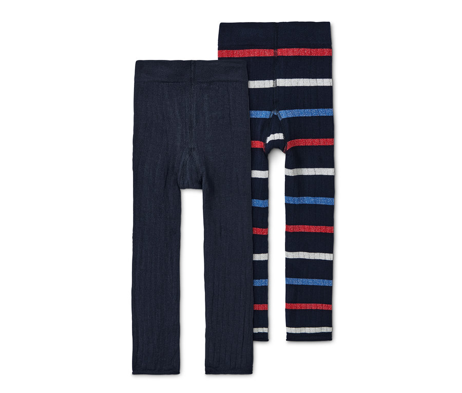 Dvoje pletené legíny: jedny tmavě modré a jedny pruhované (modré, červené a bílé).