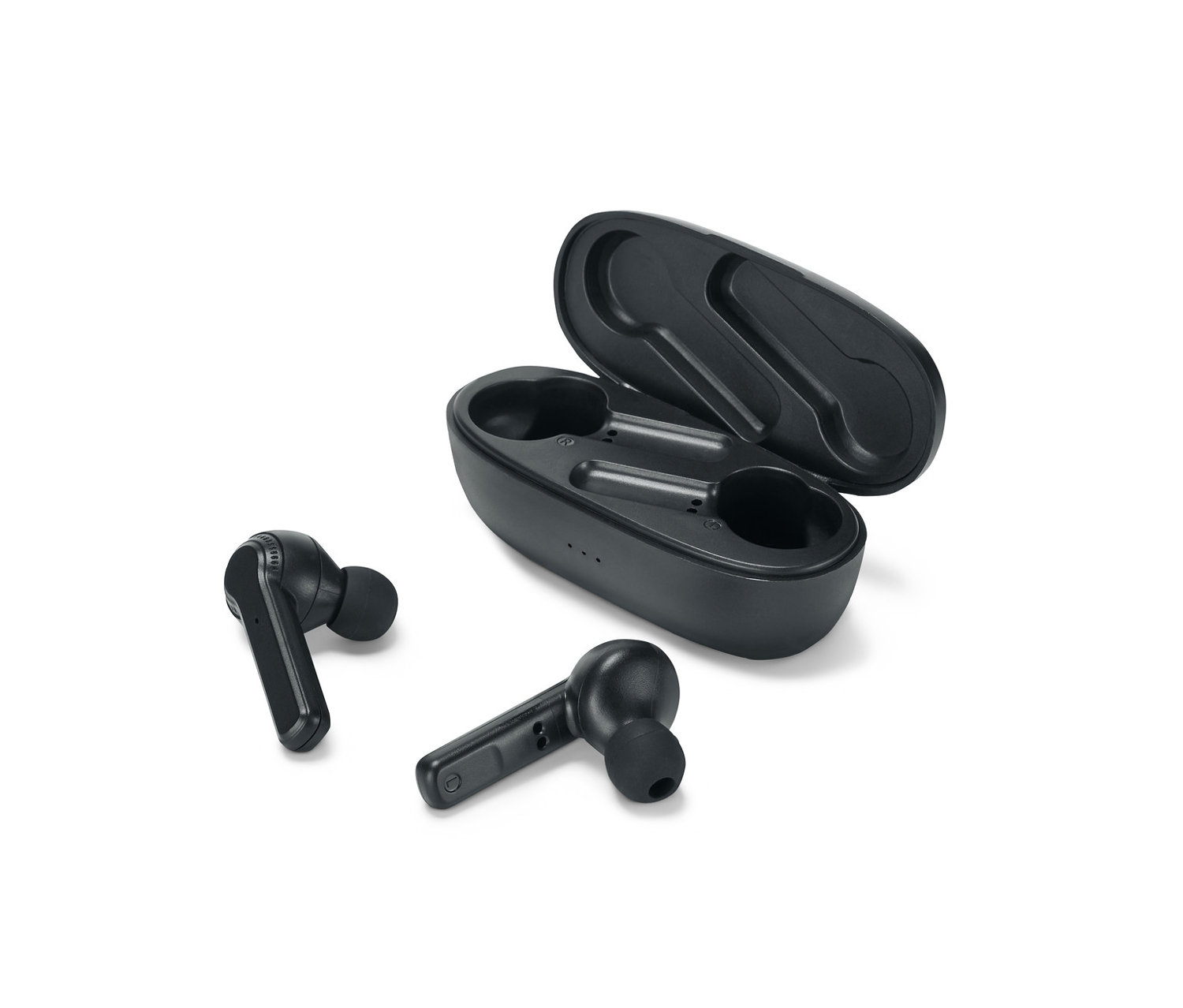 Černá sluchátka do uší TWS s Bluetooth® a otevřené černé nabíjecí pouzdro na bílém pozadí.