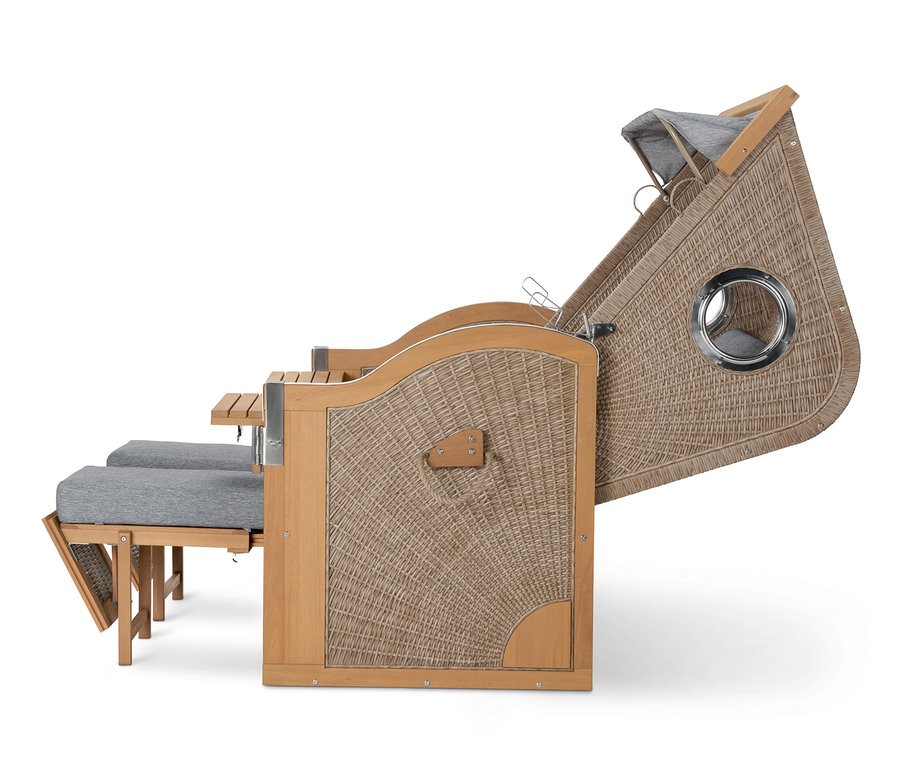 Detail prémiového plážového koše XXL se 2 sklopnými stolky z bočního pohledu.