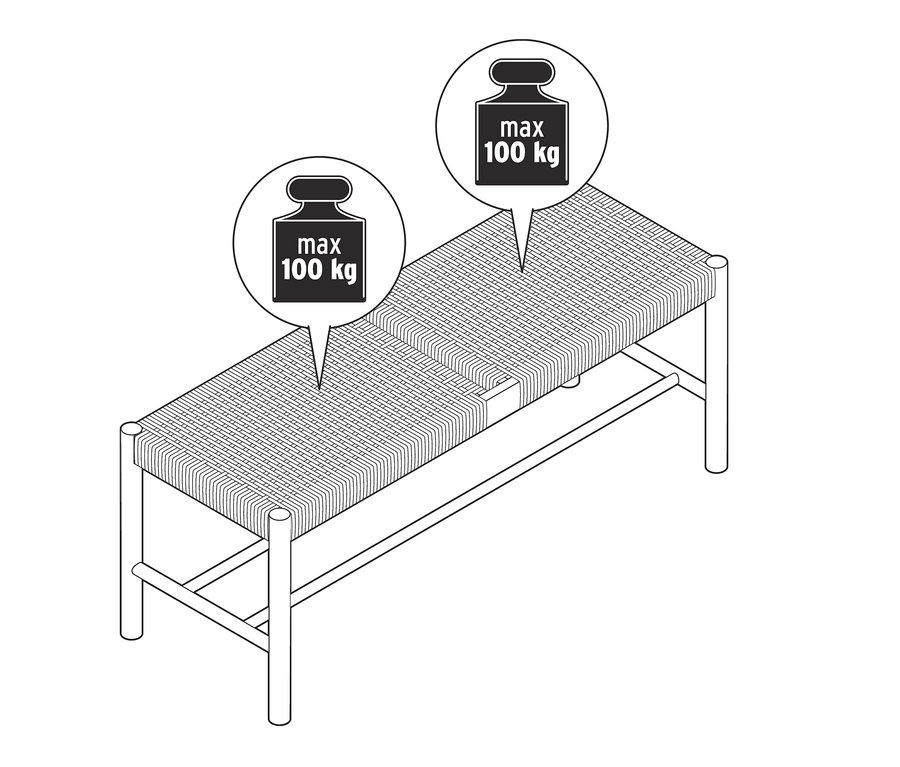 Ilustrace proutěné lavice s nosností maximálně 100 kg.