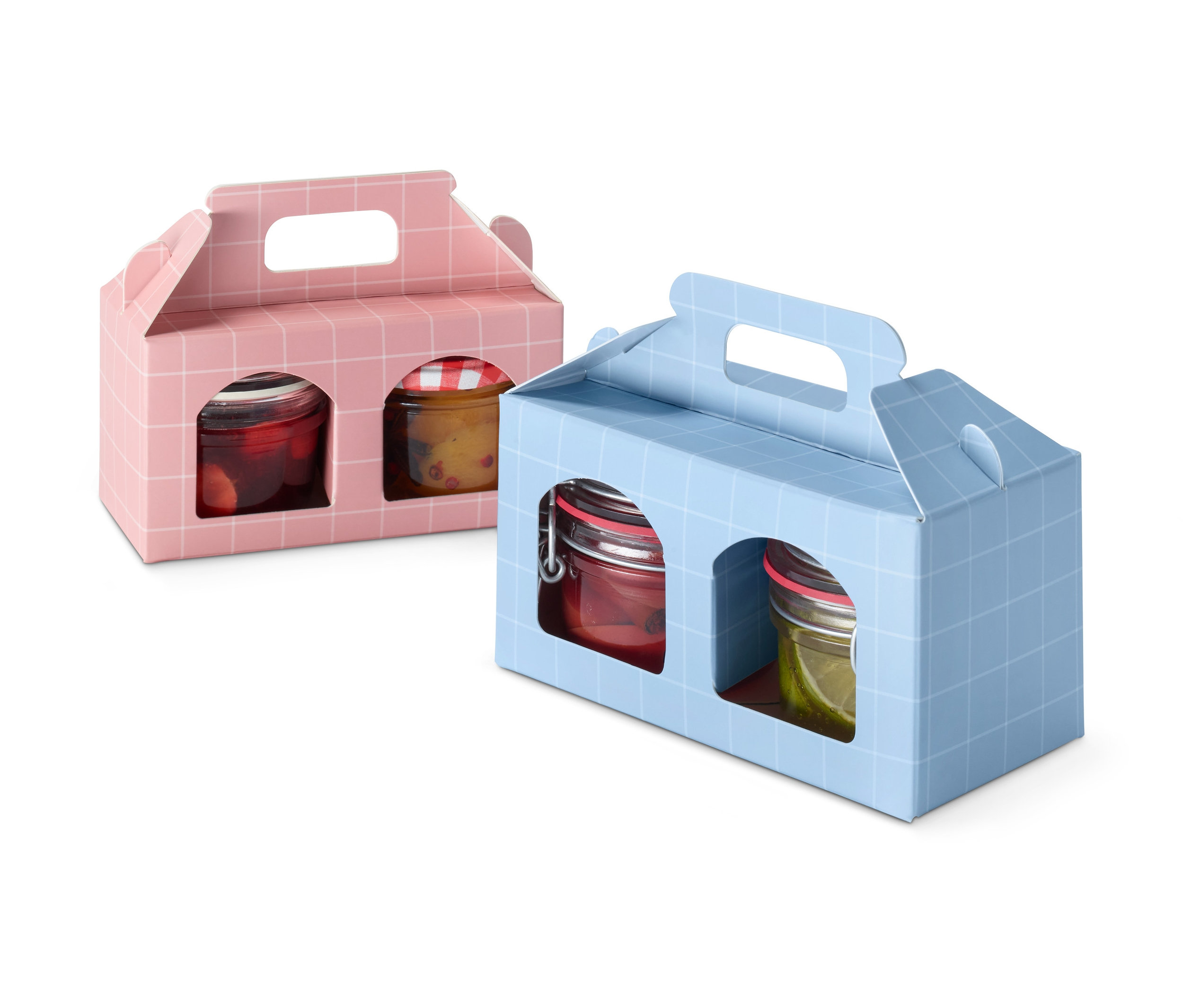 Dvě dárkové balení na sklenice, jedno růžové a jedno modré, každé se dvěma sklenicemi s různým obsahem.