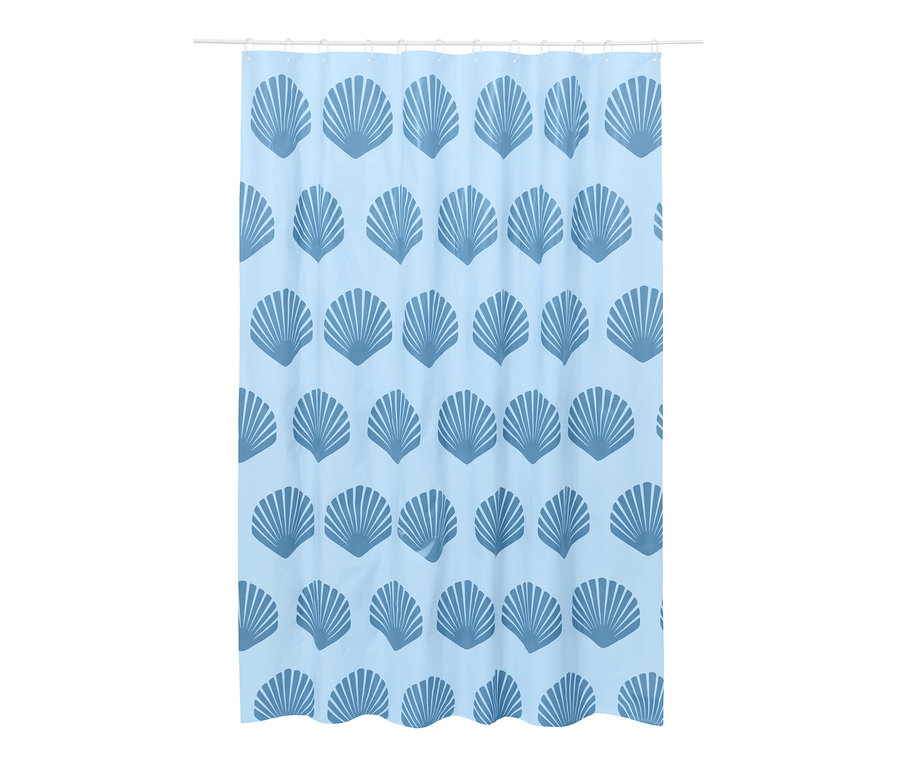 Modrý sprchový závěs s motivem mušlí.