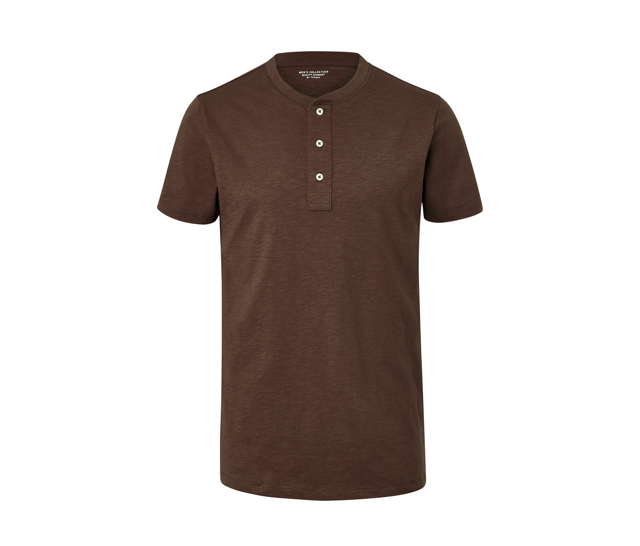 Hnědé henley tričko s krátkým rukávem.