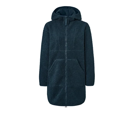 Tmavě modrý plyšový kabát oversized s kapucí a zipem.