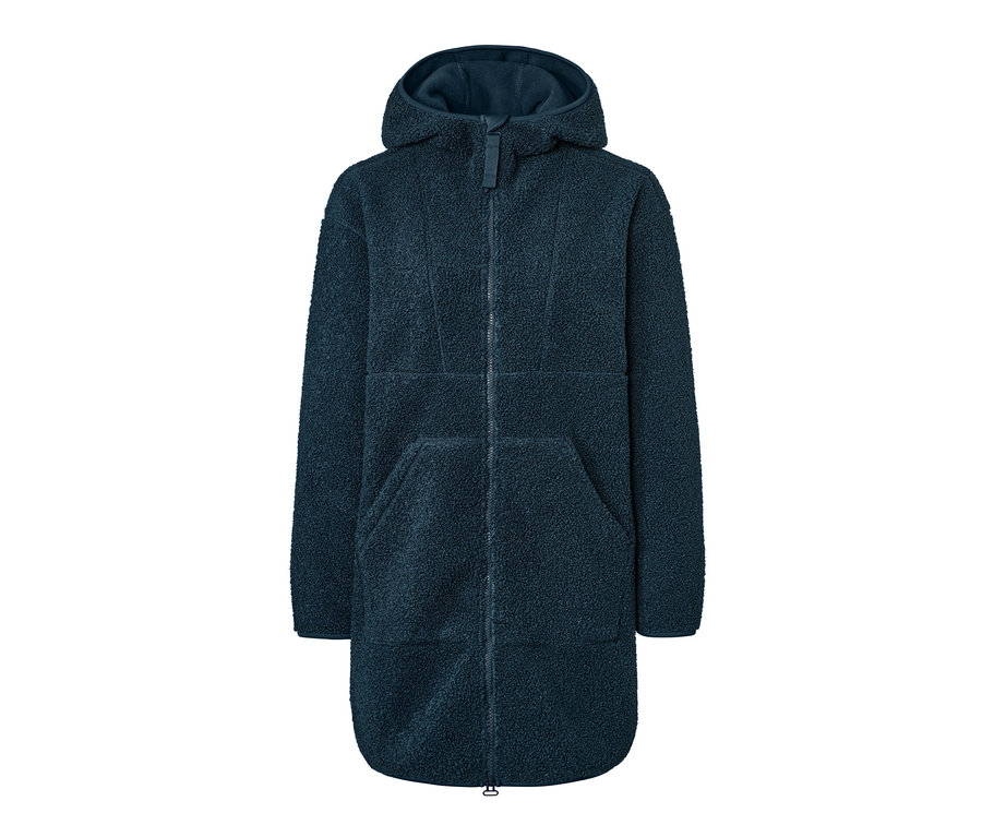 Tmavě modrý plyšový kabát oversized s kapucí a zipem.