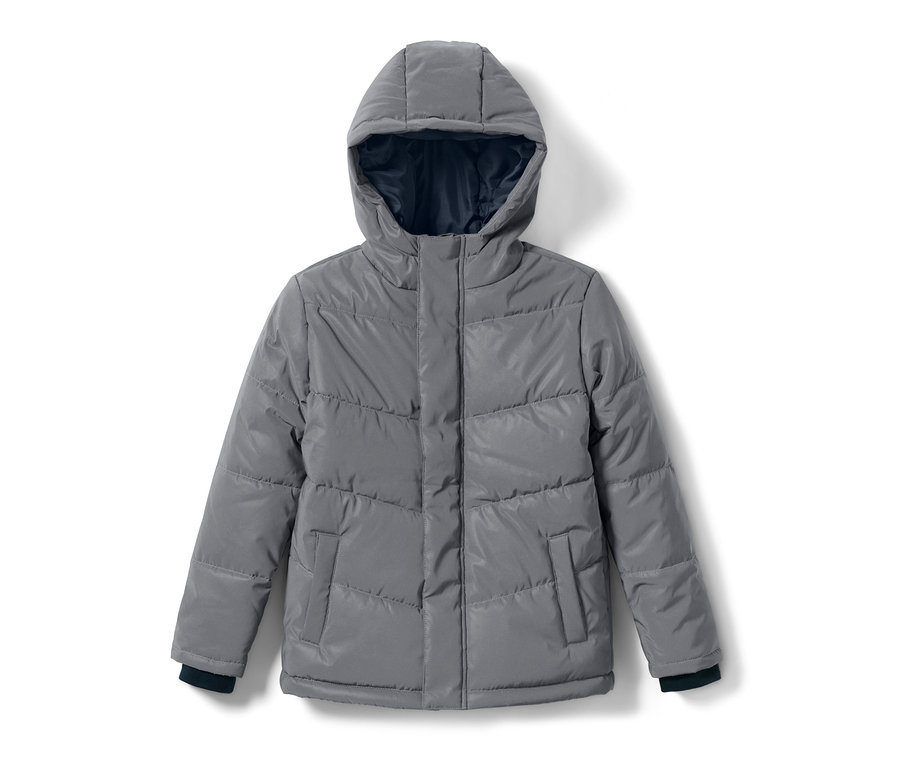 Šedá reflexní dětská prošívaná bunda s kapucí.