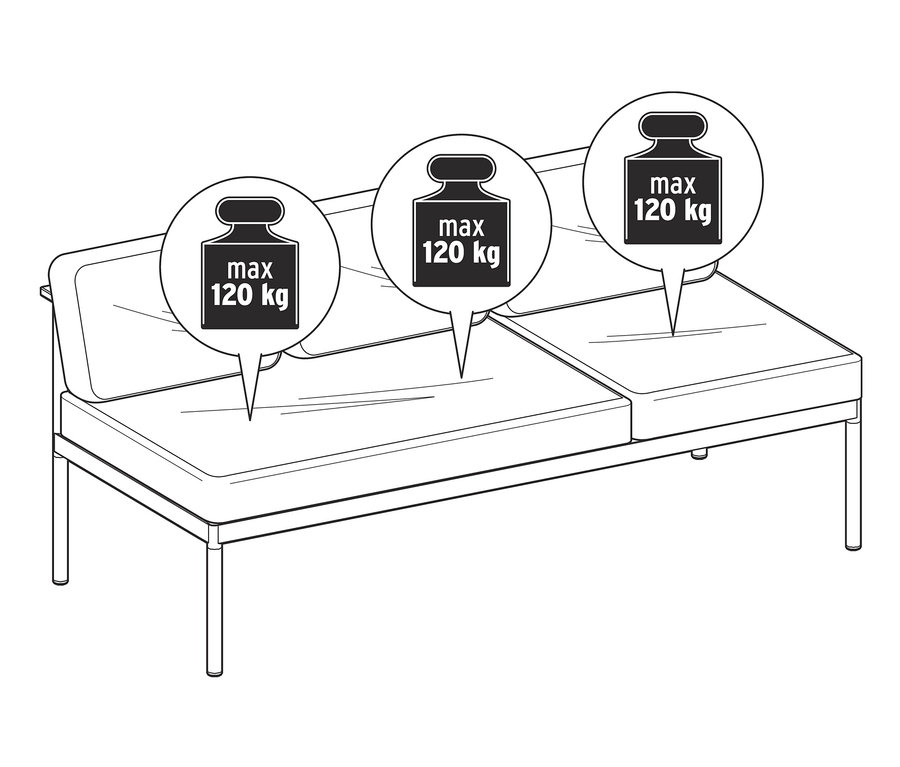 Nákres jídelní lavice a lehátka »Elin« 2 v 1 s maximální nosností 120 kg.
