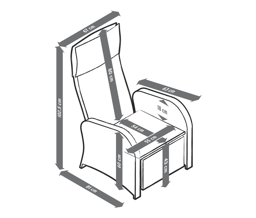 Rozměry křesla zobrazeného v sadě křesel "Thore" s vyklápěcí podnožkou.