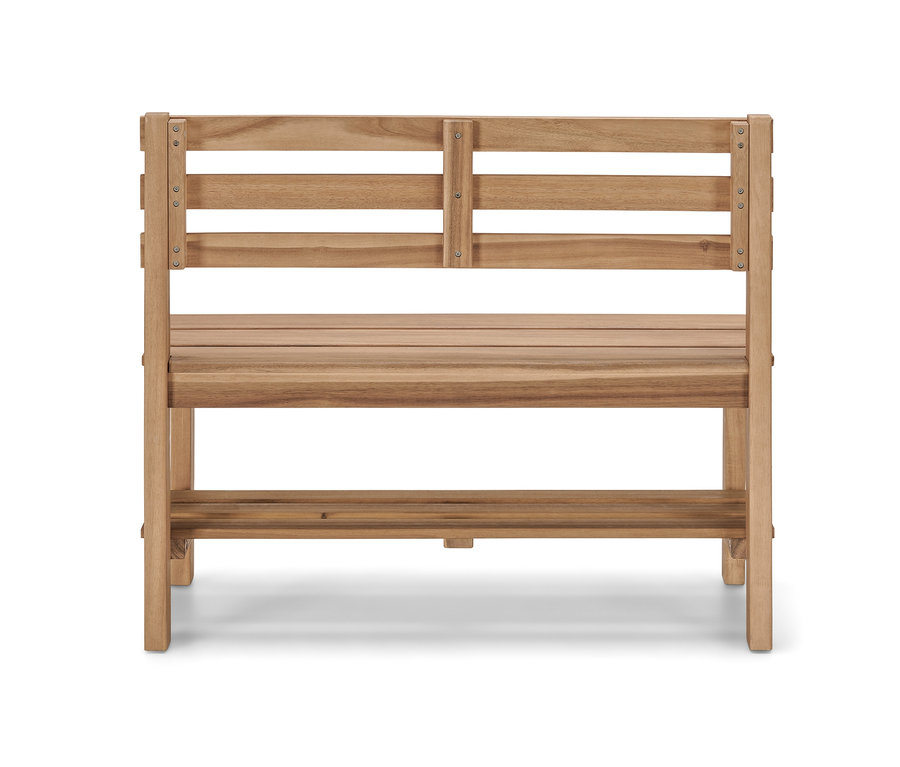 Čelní pohled na malou zahradní lavici »Lenja« s policí.