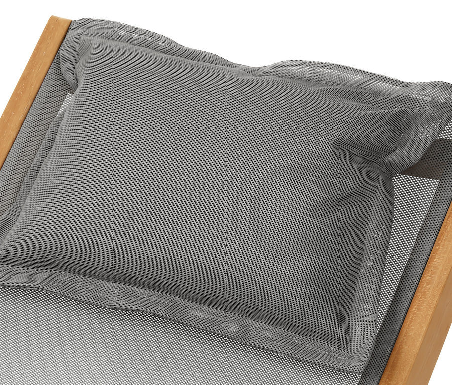 Detail teakového houpacího lehátka s materiálem TEXTILENE® a šedým polštářem.