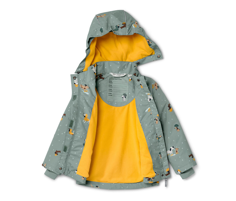Dětská termobunda do deště se vzorem psů a žlutou podšívkou.