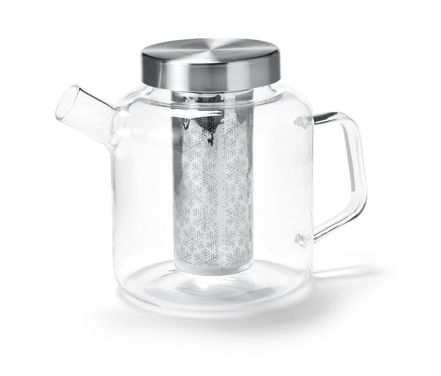 Skleněná konvice na čaj s nerezovým filtrem a víkem.
