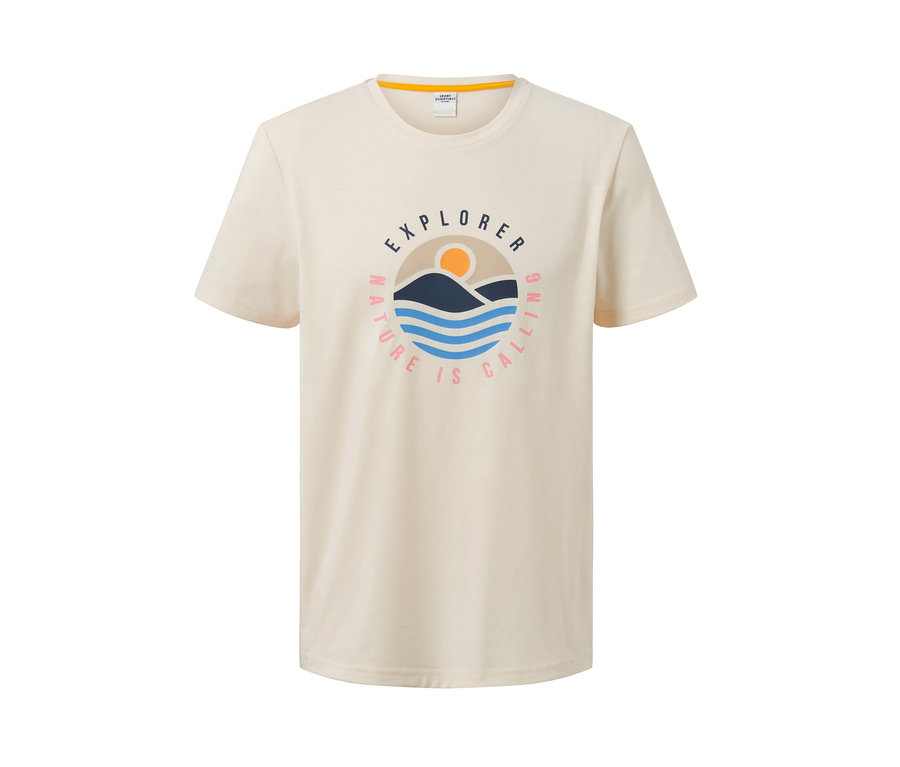 Béžové tričko s potiskem.