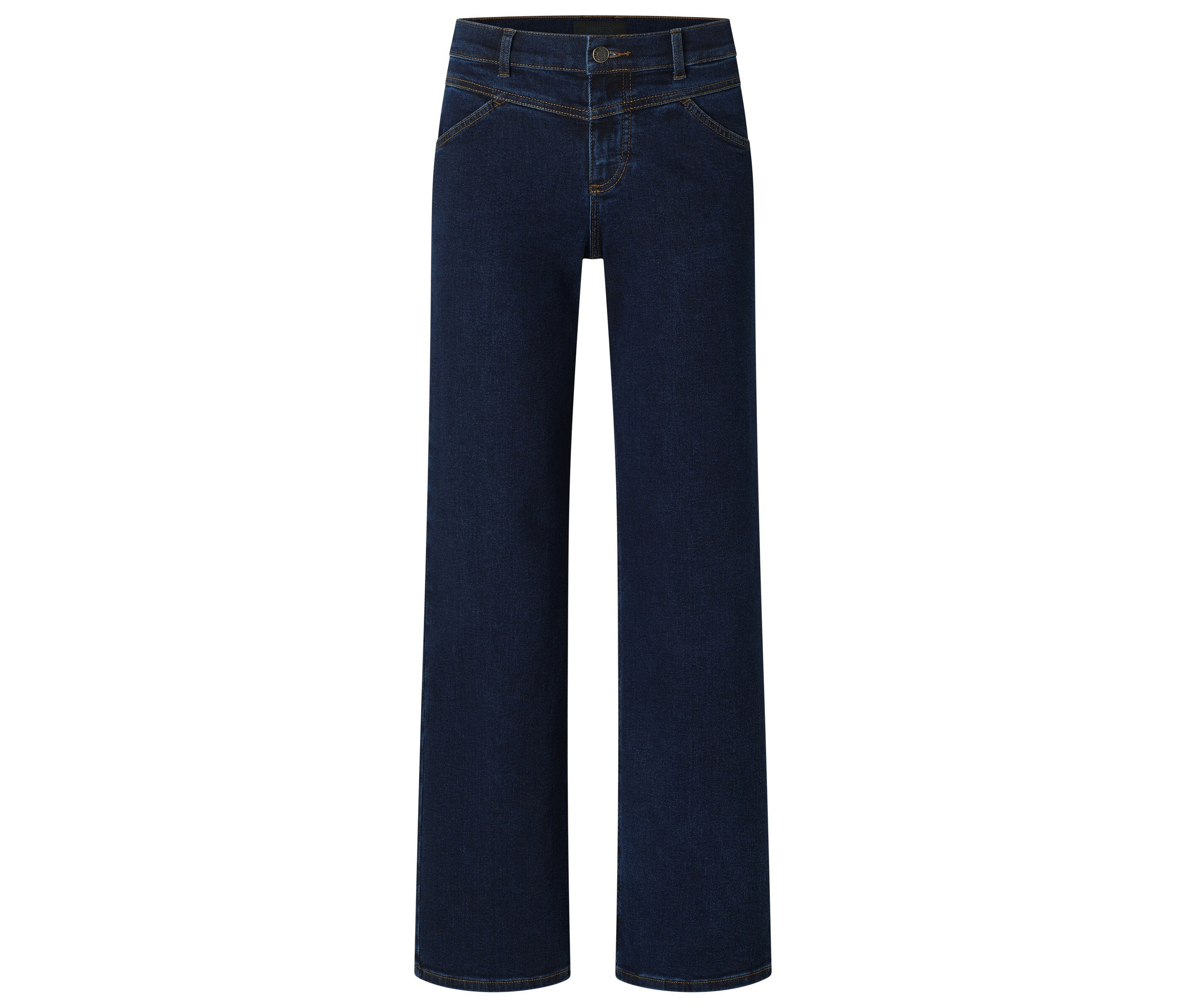 Tmavě modré džíny se širokými nohavicemi a zapínáním na knoflík.