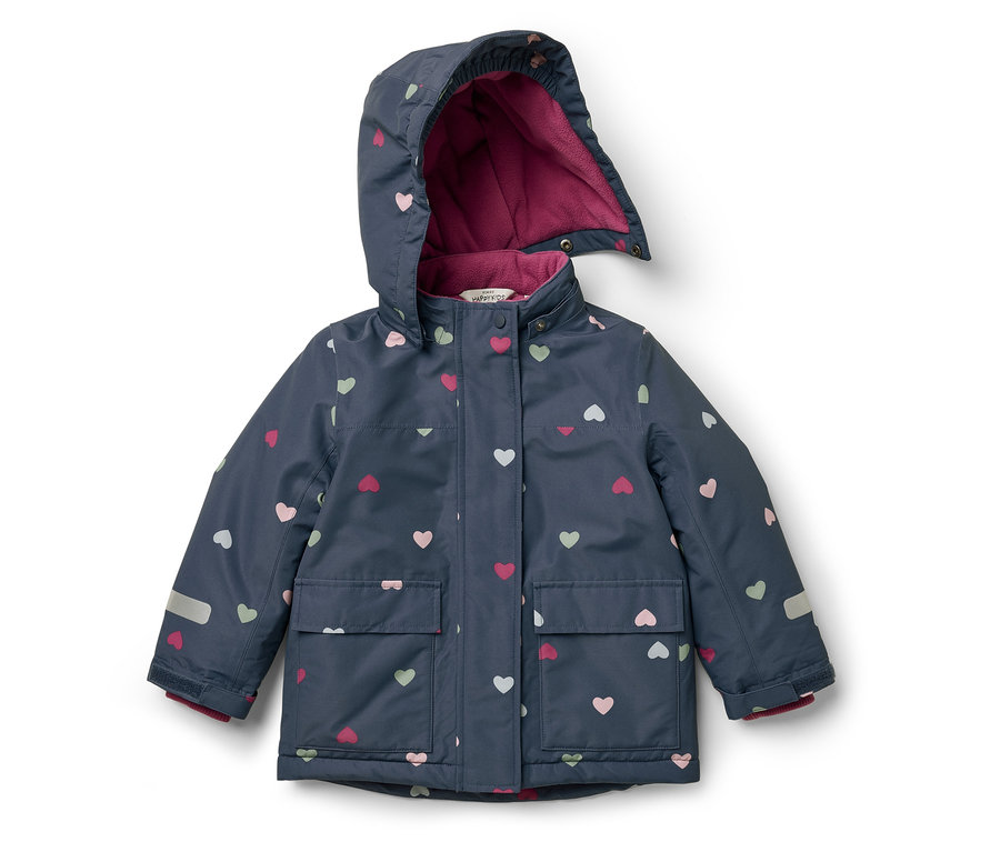 Modrá bunda s kapucí a s potiskem srdíček.