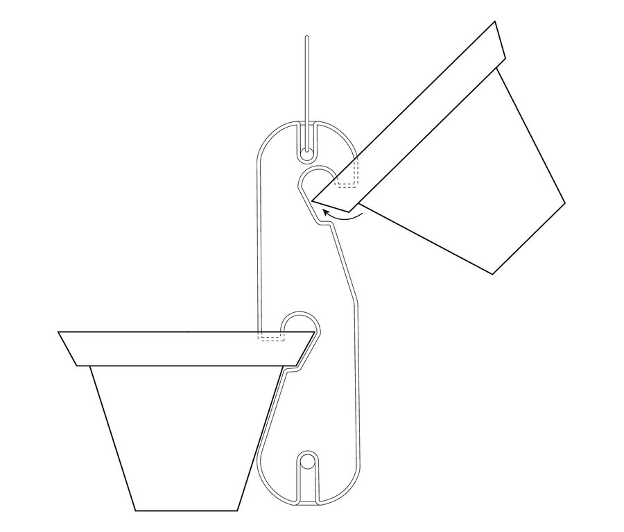 Ilustrace dvou květináčů, jeden visí na zdi a druhý je nakloněný směrem k němu.