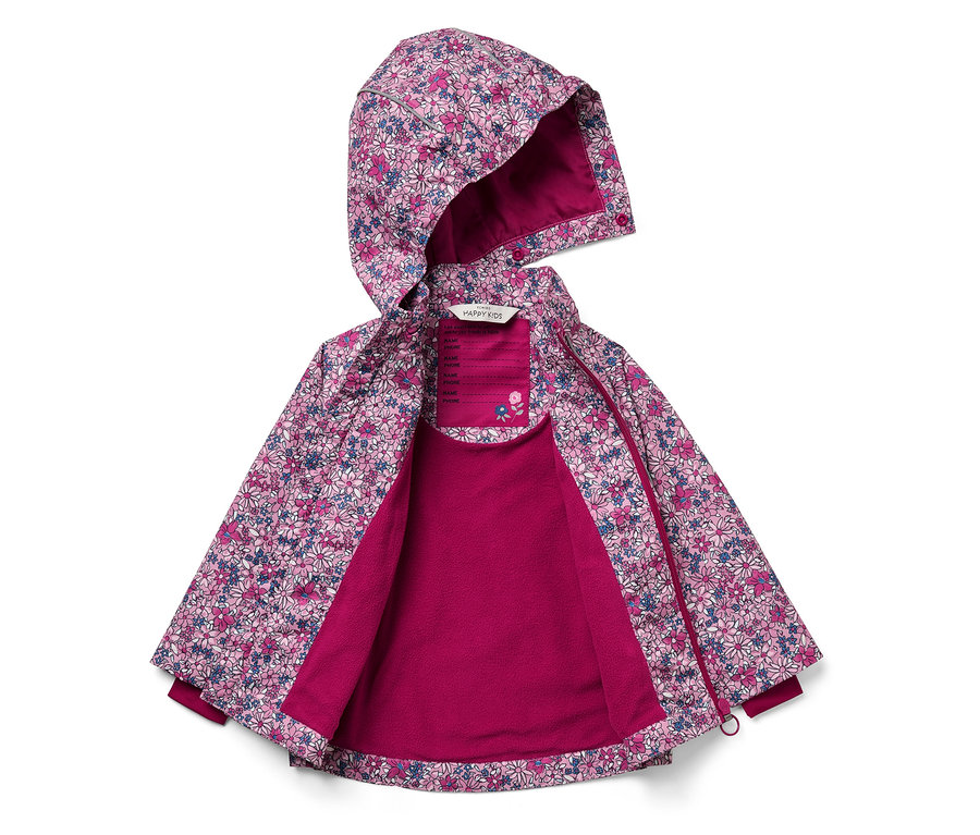 Otevřená bunda s kapucí s květinovým vzorem a růžovou podšívkou.