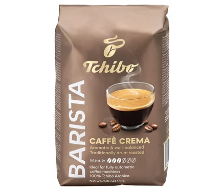 Balení zrnkové kávy Barista Caffè Crema 500 g s šálkem kávy a kávovými zrny.