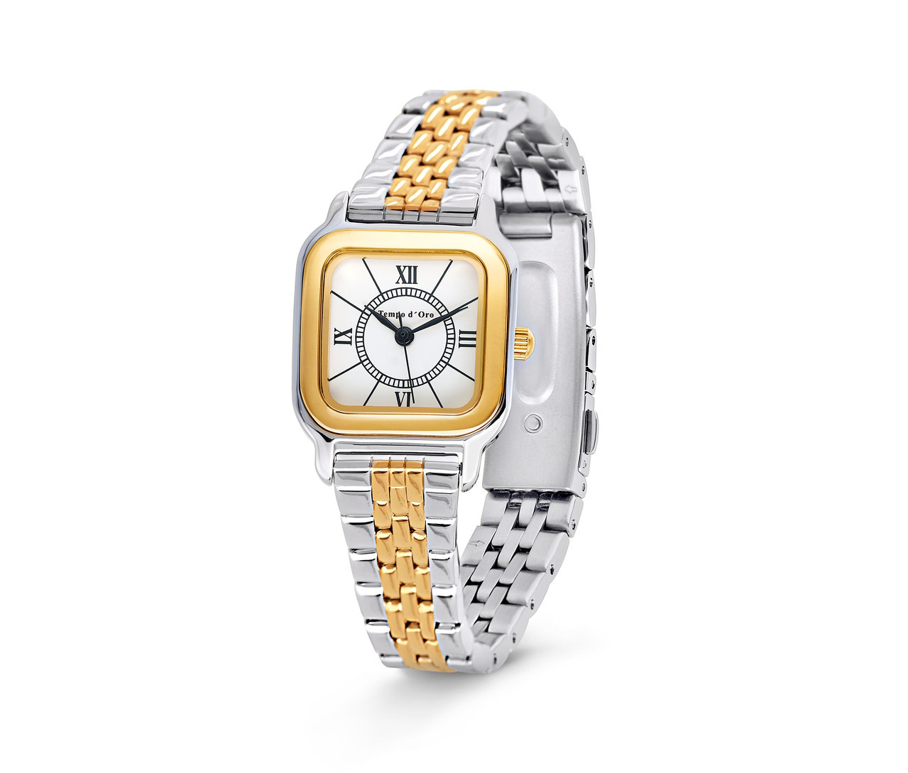 Detailní záběr na dámské dvoubarevné hodinky z nerezové oceli se čtvercovým ciferníkem zlaté barvy.