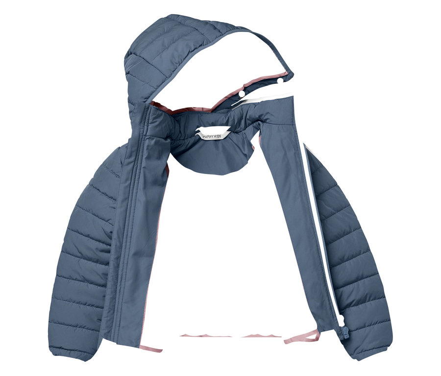 Otevřená modrá prošívaná bunda s kapucí.