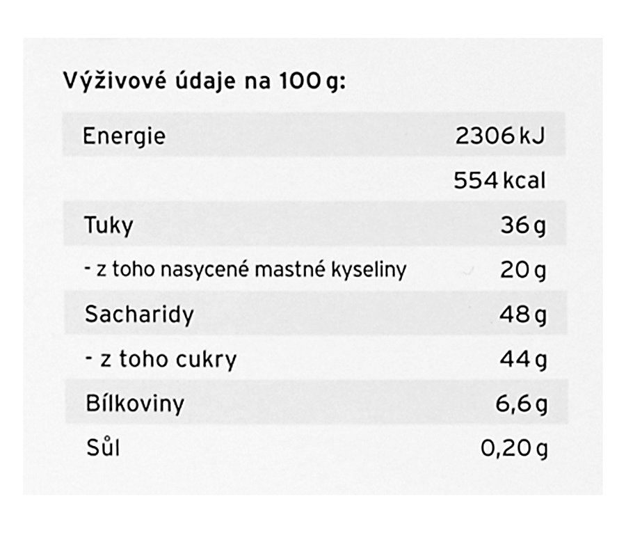 Nutriční hodnoty na 100 g: Energie 2306 kJ, tuky 36 g, sacharidy 48 g, bílkoviny 6,6 g, sůl 0,20 g.