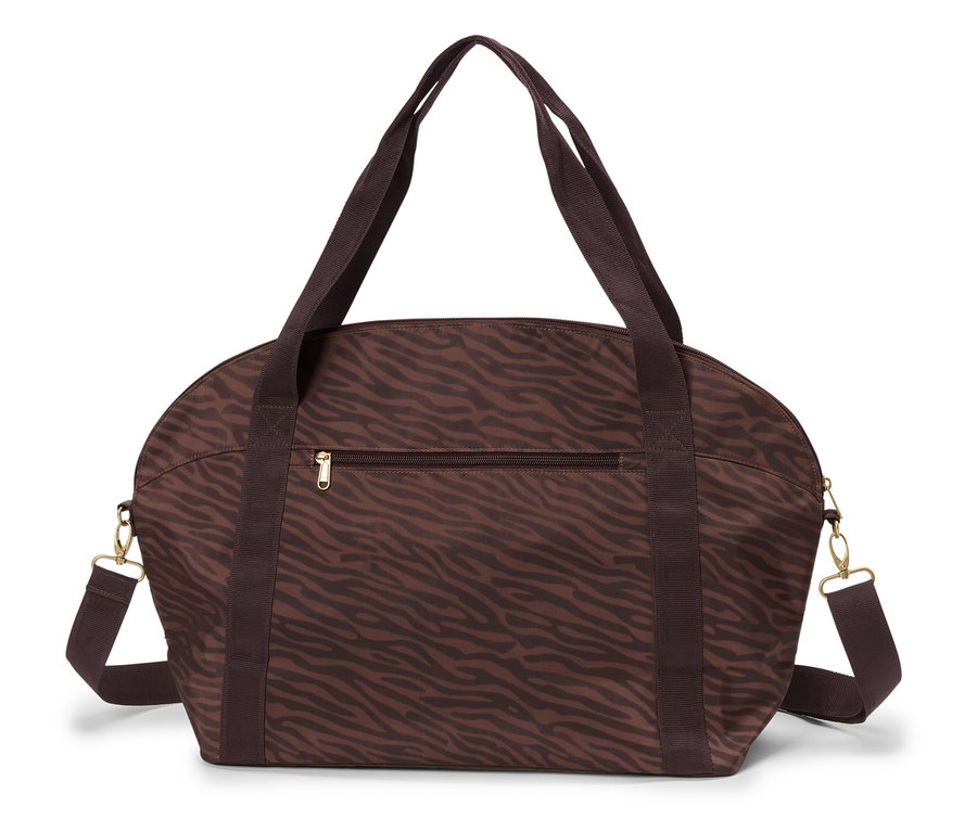 Hnědá kabelka se vzorem zebry, zipem a popruhy.