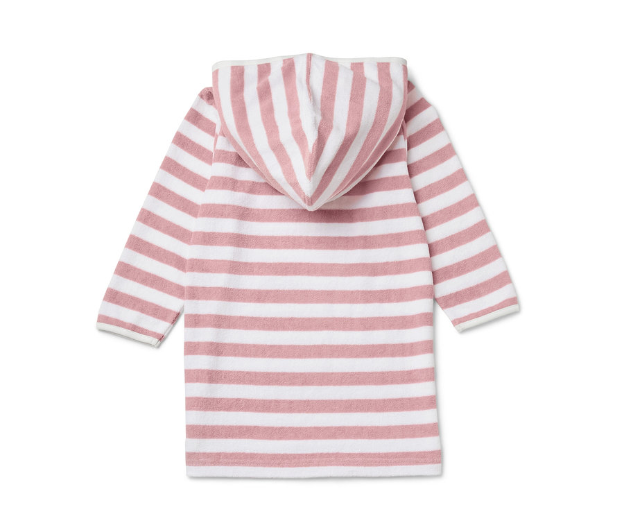 Pohled zezadu na dětské froté pončo s kapucí v bílých a růžových pruzích.