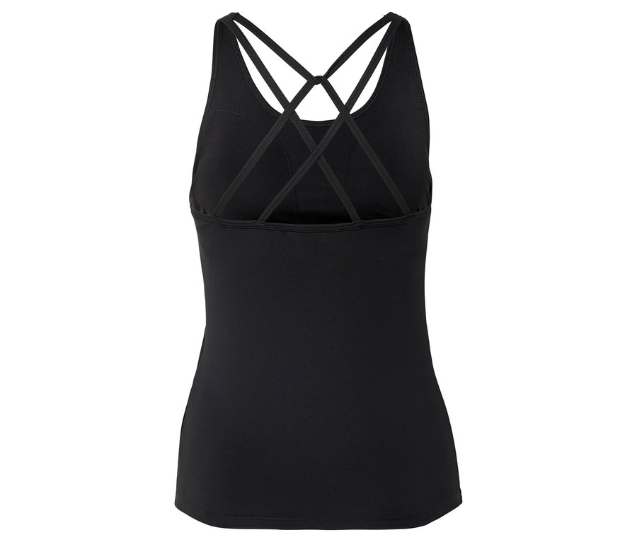 Černý tank top se zkříženými ramínky na zádech.