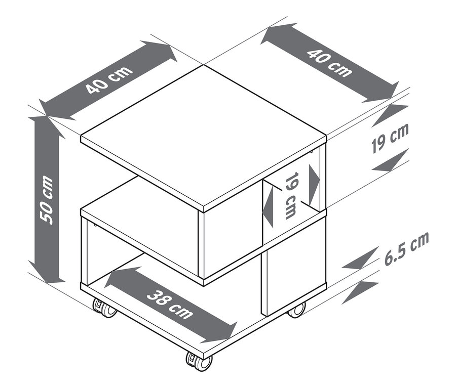 Pohled shora na konferenční stolek v dřevěném vzhledu na kolečkách s rozměry.