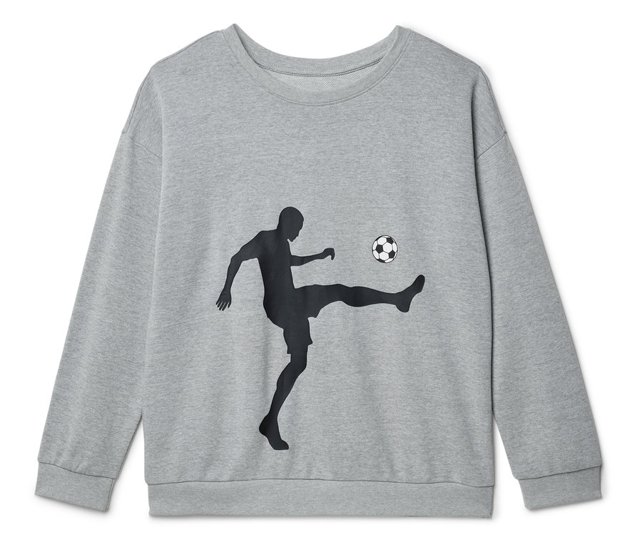 Šedá mikina se siluetou fotbalisty kopajícího míč.