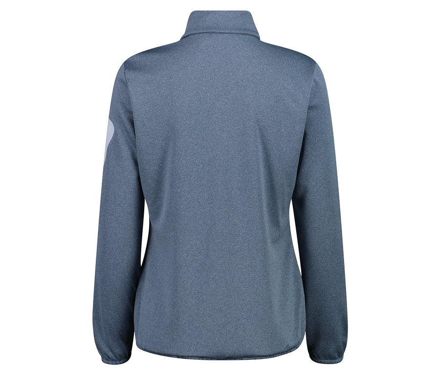 Pohled zezadu na modrošedou fleecovou bundu na zip.