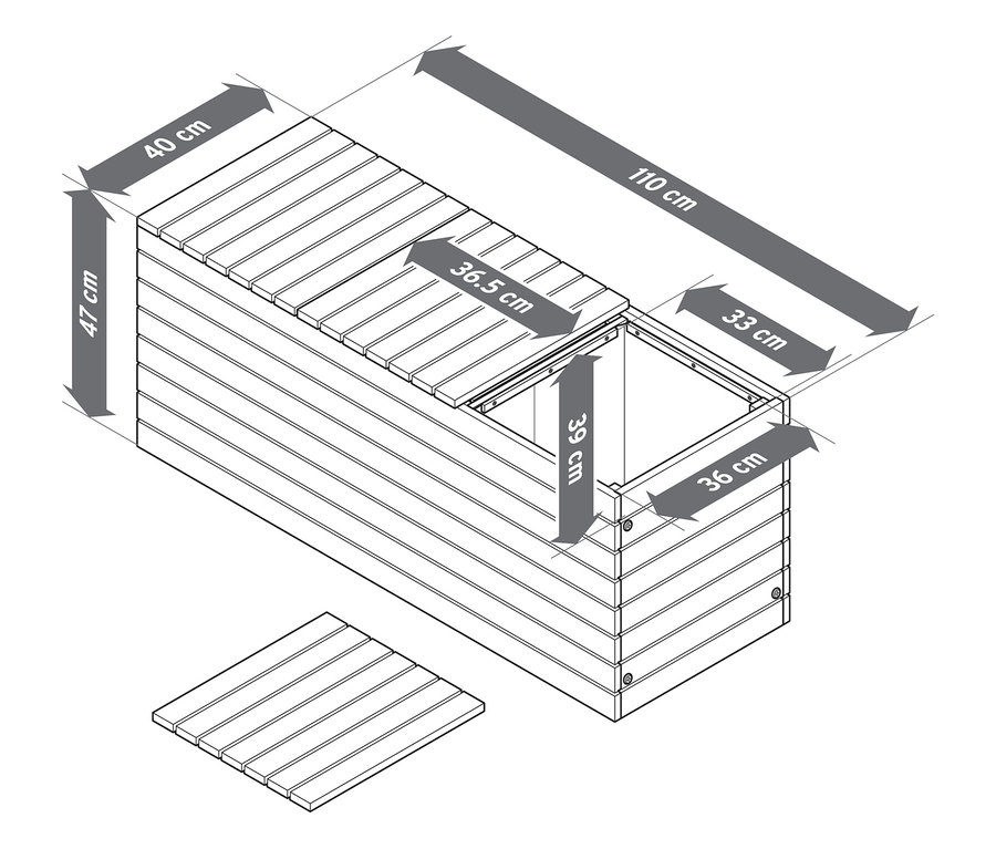Pohled shora na smontovaný obdélníkový dřevěný truhlík o rozměrech 110 cm délka, 40 cm šířka a 47 cm výška.