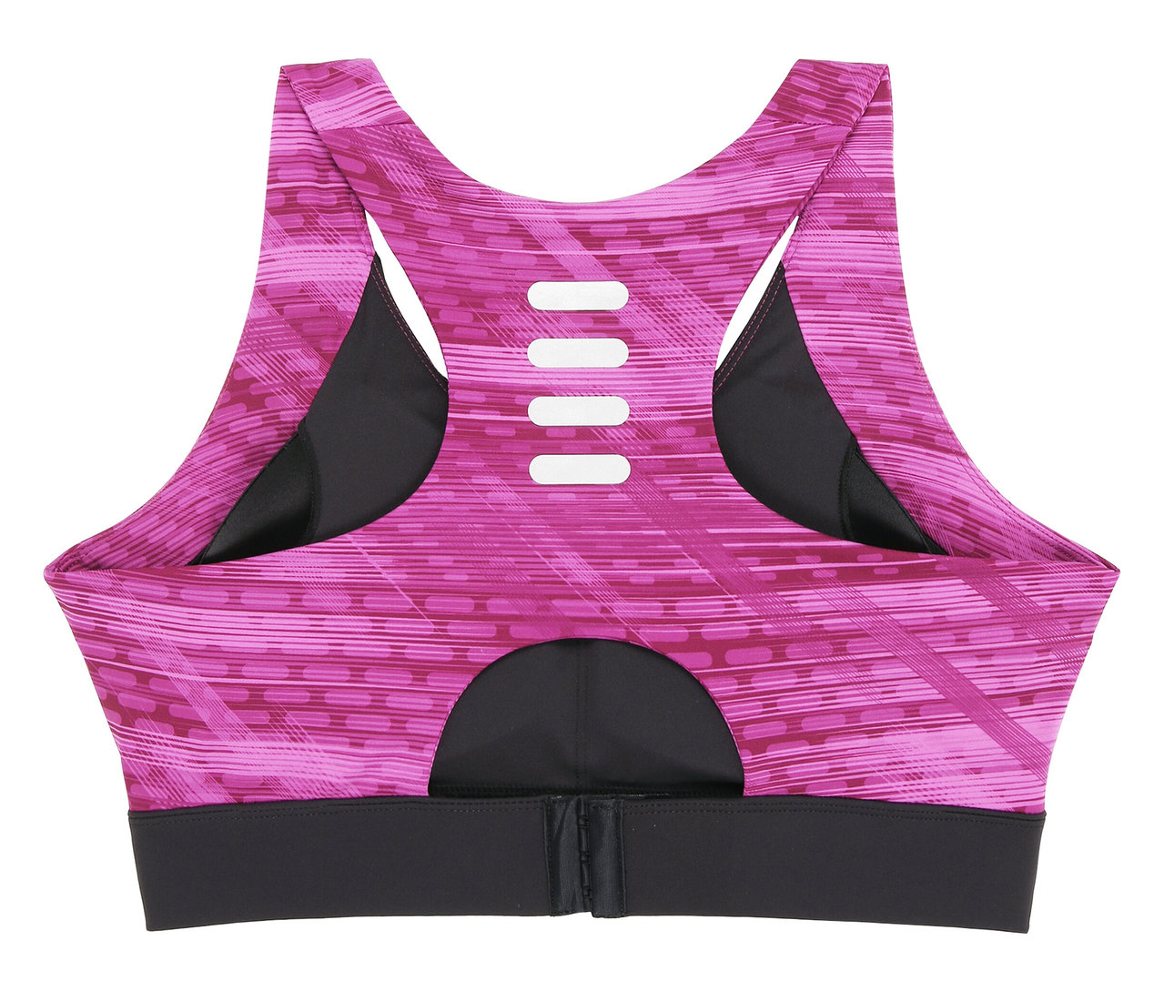 Pohled zezadu na růžovou sportovní podprsenku FILA pro ženy s černým spodním pásem.