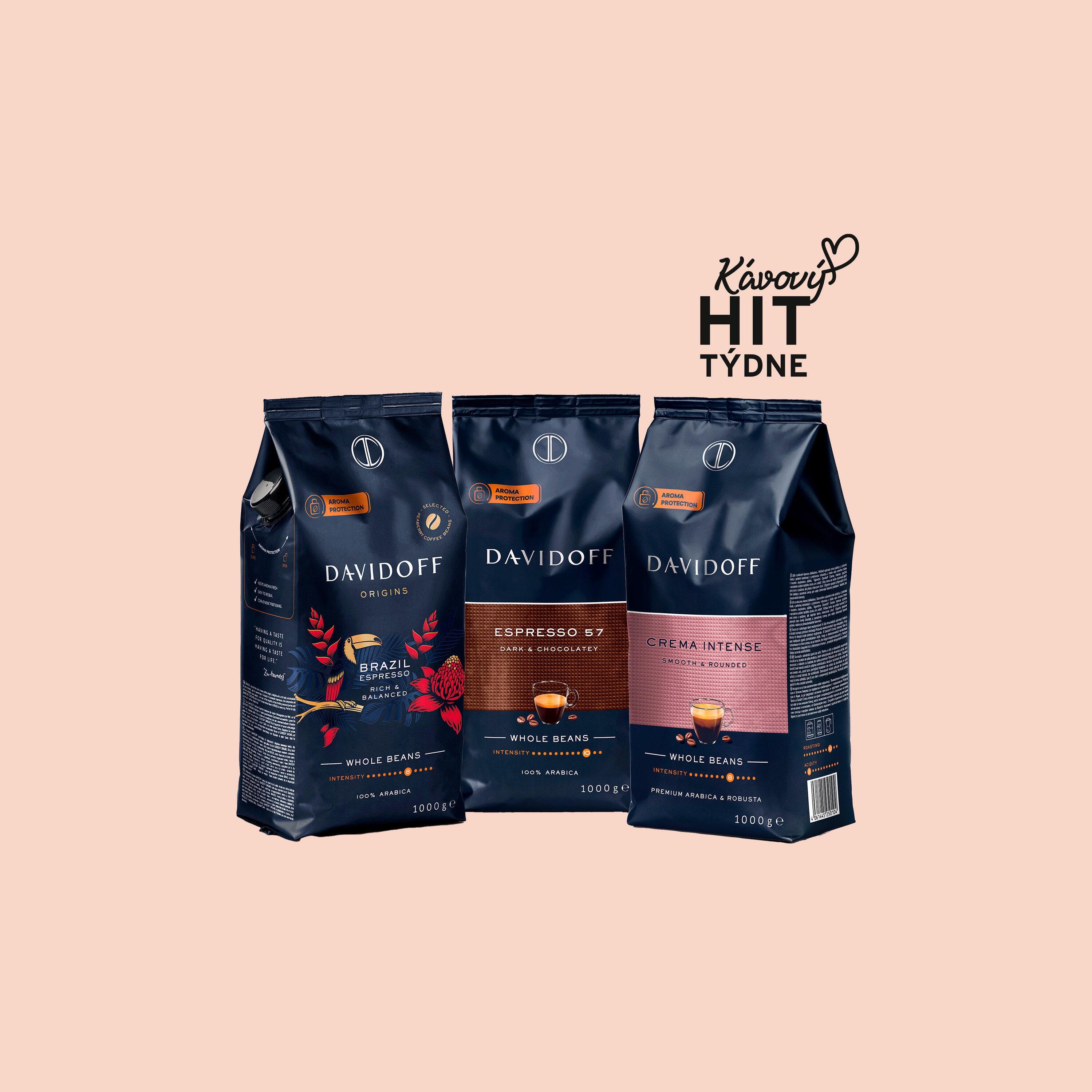 Tři balení kávy Davidoff, zleva doprava: Origins Brazil, Espresso 57 a Crema Intense.