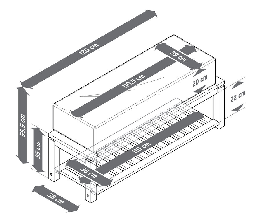 Schematický nákres plážového koše prémiové kvality se stříškou proti slunci s rozměry.