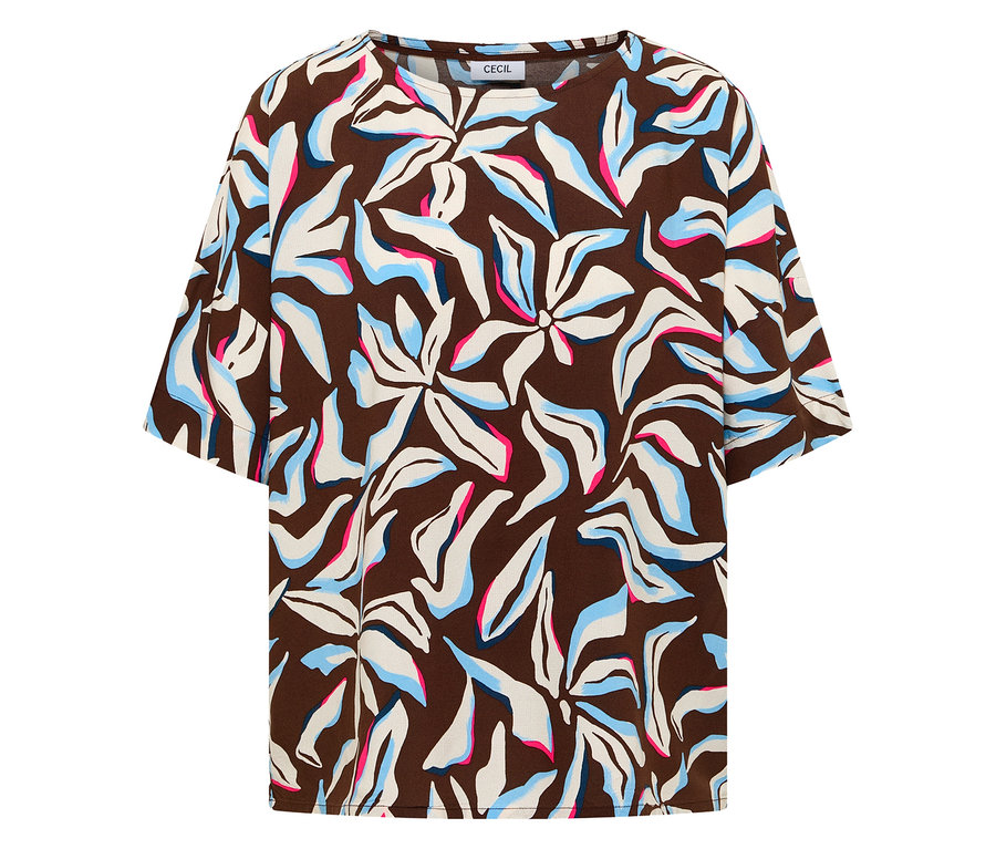 Detail halenky s krátkým rukávem CECIL s hnědým podkladem a modro-bílo-růžovým květinovým vzorem.